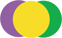 Three overlapping circles on a light background: a purple circle on the left, a green circle on the right, and a large yellow circle in the center, covering the overlap between the other two. The circles form a Venn diagram-like arrangement.