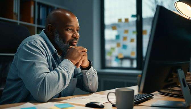 A man with a beard sits at a desk in an office, looking thoughtfully at a computer monitor. He rests his chin on his hands. The desk holds papers, sticky notes, and a mug. There is a window and a wall covered with colorful sticky notes in the background.
