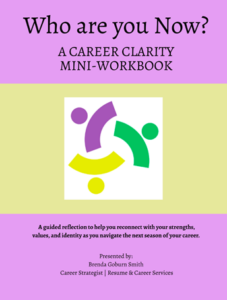A pastel purple and yellow book cover titled "Who are you Now? A Career Clarity Mini-Workbook." Below is abstract art of three colorful figures in a circle. The workbook, by Brenda Goburn Smith, is designed to help professionals review their strengths, value, and future direction.